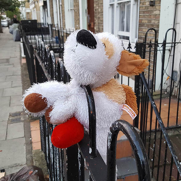 Abandoned, unwanted, unloved, cuddly toy - Fluffy, cuddly dog, on a railing, outside a house