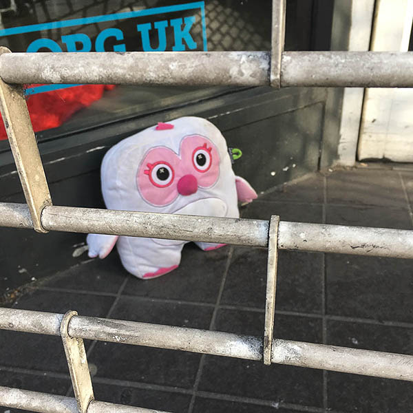 Abandoned, unwanted, unloved, cuddly toy - Scared looking rectangular cuddly toy behind the shutters in a shop doorway