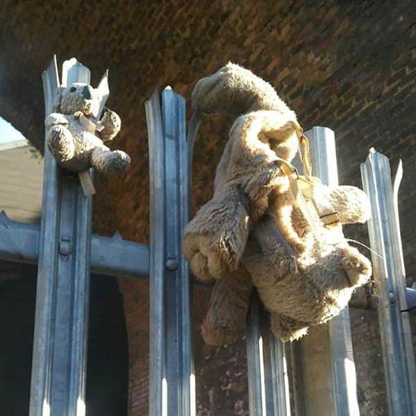 Teddies hung on railings