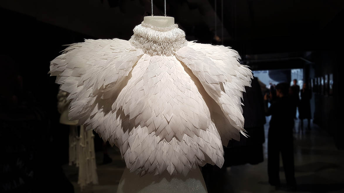 Burberry cape made from layers of white feathers
