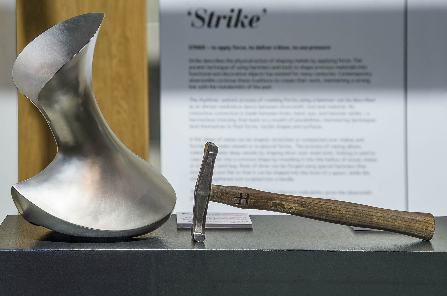 Silver Speaks Form Exhibition display case - Martin Keane sculptural sterling silver vessel with raising hammer