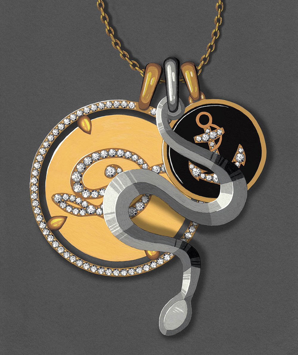 Initials snake and anchor talisman coin pendant jewellery gouache