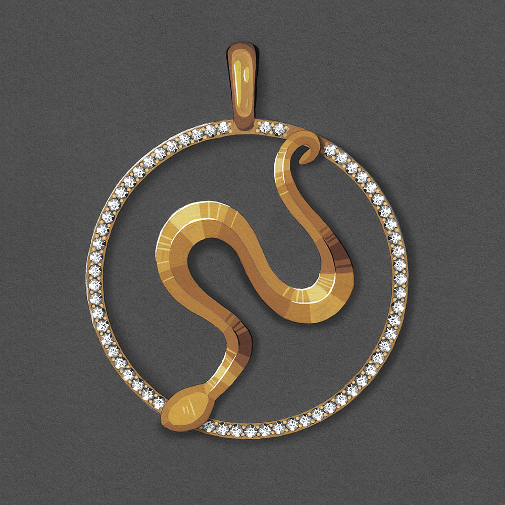 Snake talisman coin pendant jewellery gouache painting