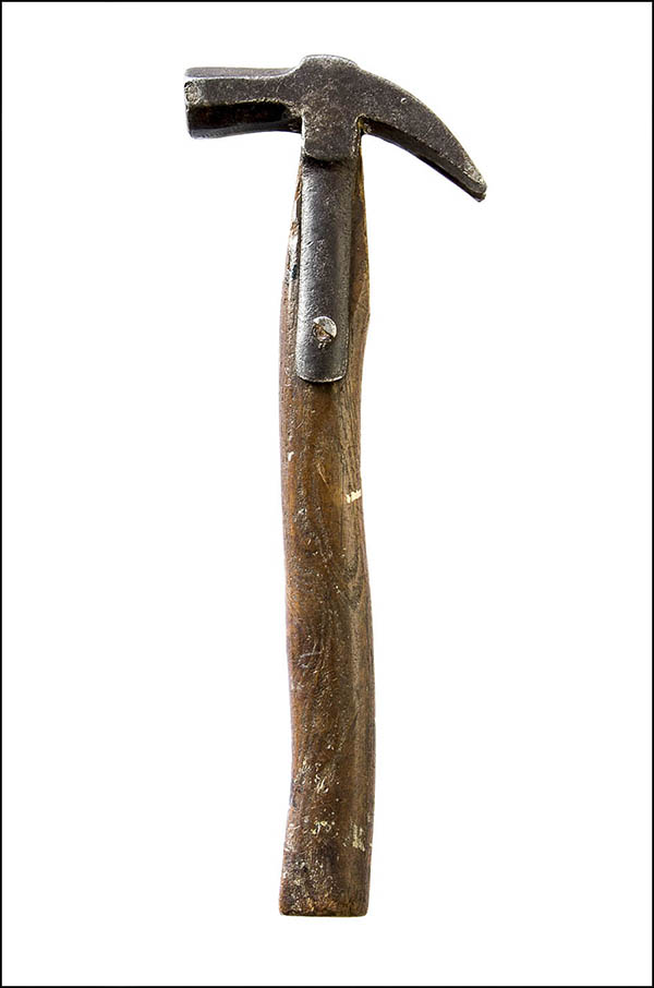 Curved claw hammer - metal strap, curved wooden handle - Antique