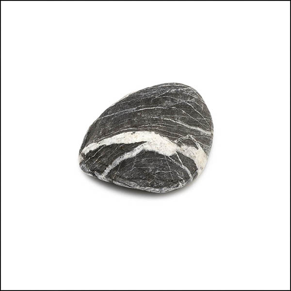 Pebble - rounded triangle, cool dark grey, two thick converging horizontal stripes with multiple thin criss crossed