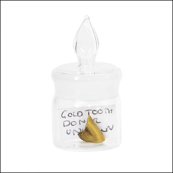 Gold tooth in glass pot - part of tooth collection