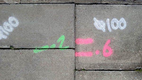 Pavement markings - spray painted squiggles on paving stones - Pink white and green numbers and markings