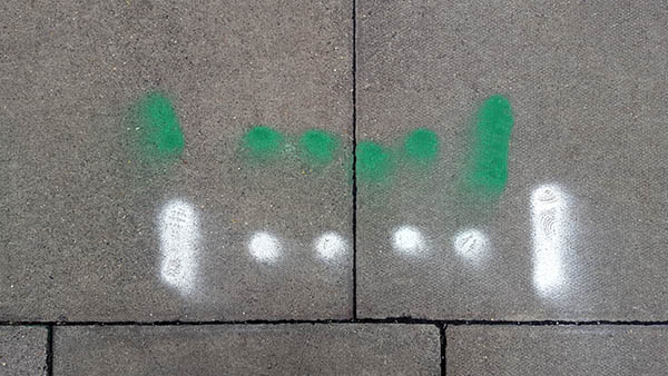 Pavement markings - spray painted squiggles on paving stones - White and green dots flanked by lines